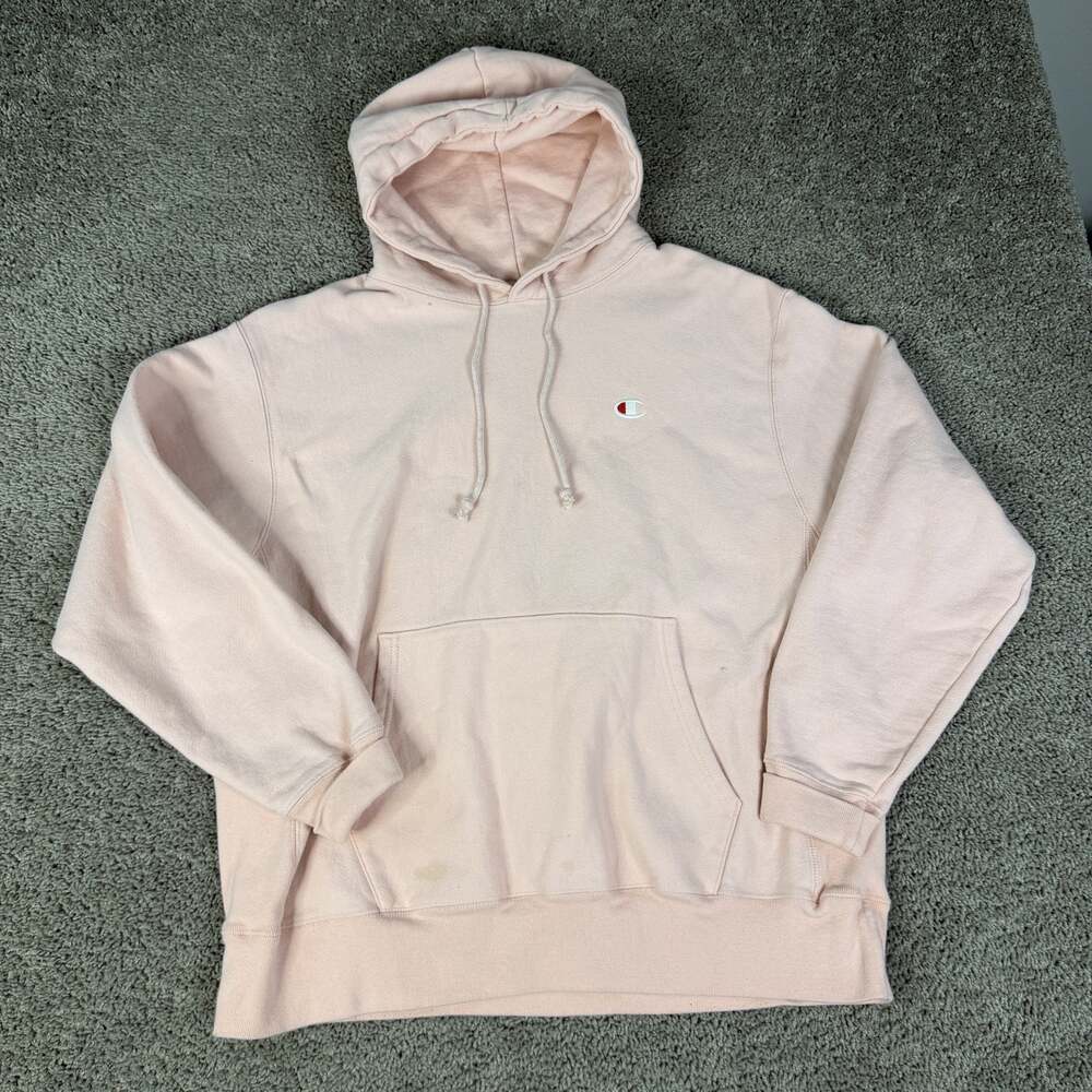 Champion Hoodie Mens XL Pink Reverse Weave Pullover Hooded Pockets Fleece Logo